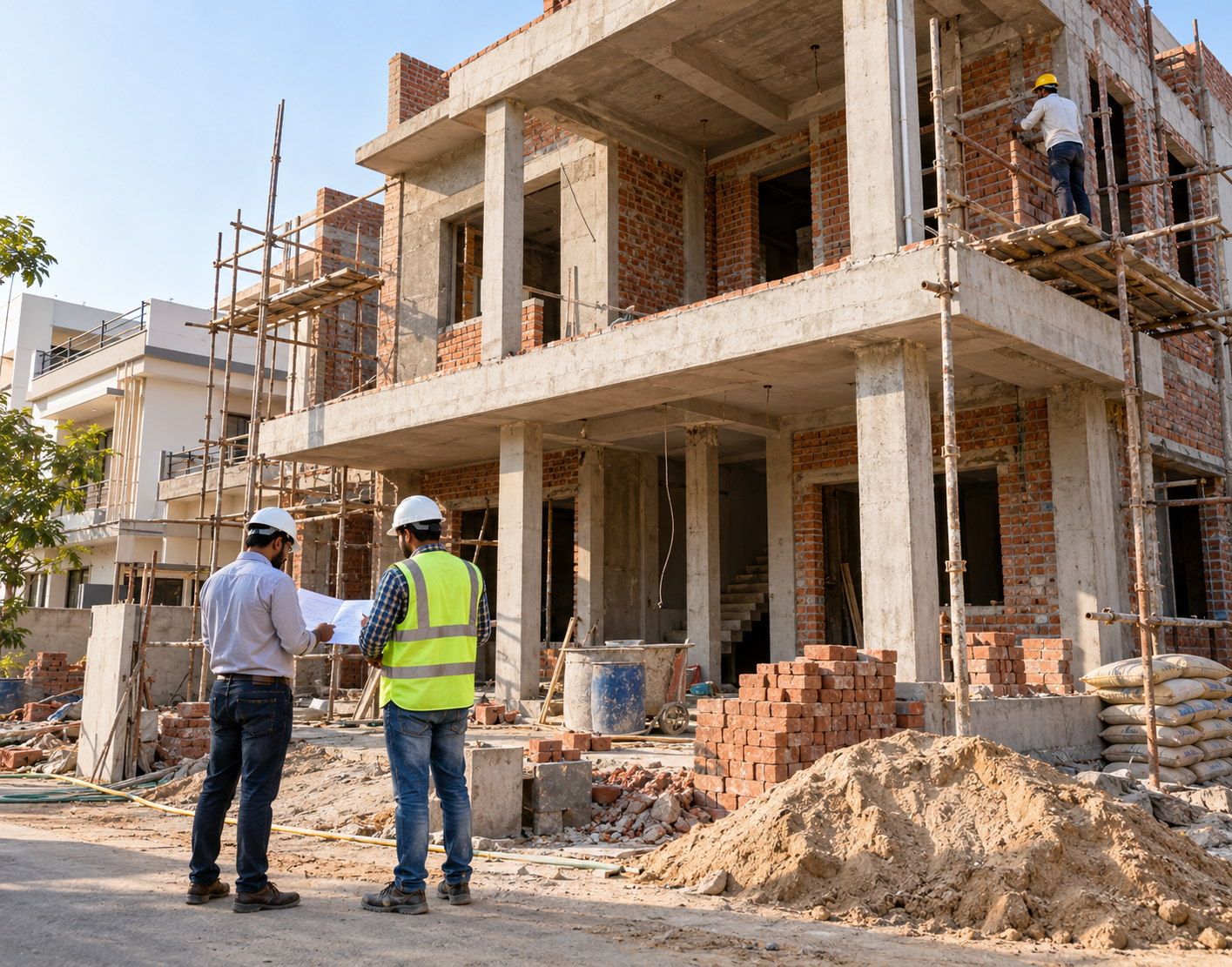 Construction professionals reviewing architectural plans
