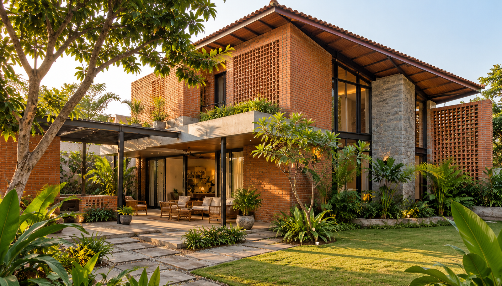 Contemporary independent Indian home with ivory walls, warm wood and a landscaped entrance