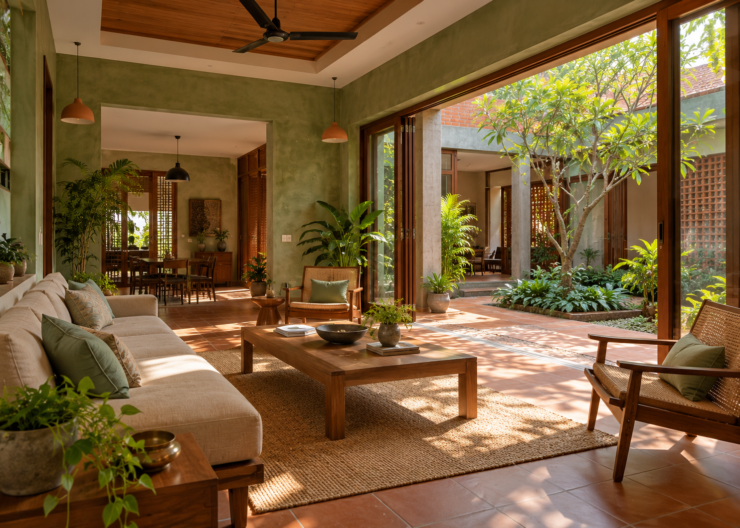 Bright contemporary Indian home interior with natural light and warm materials