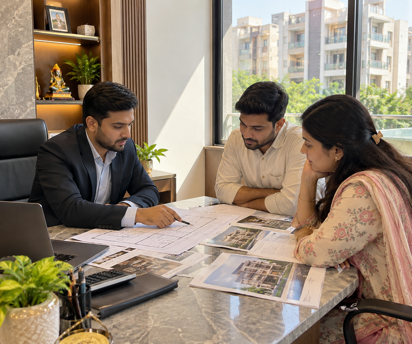 Property consultation with plans and documents on a desk