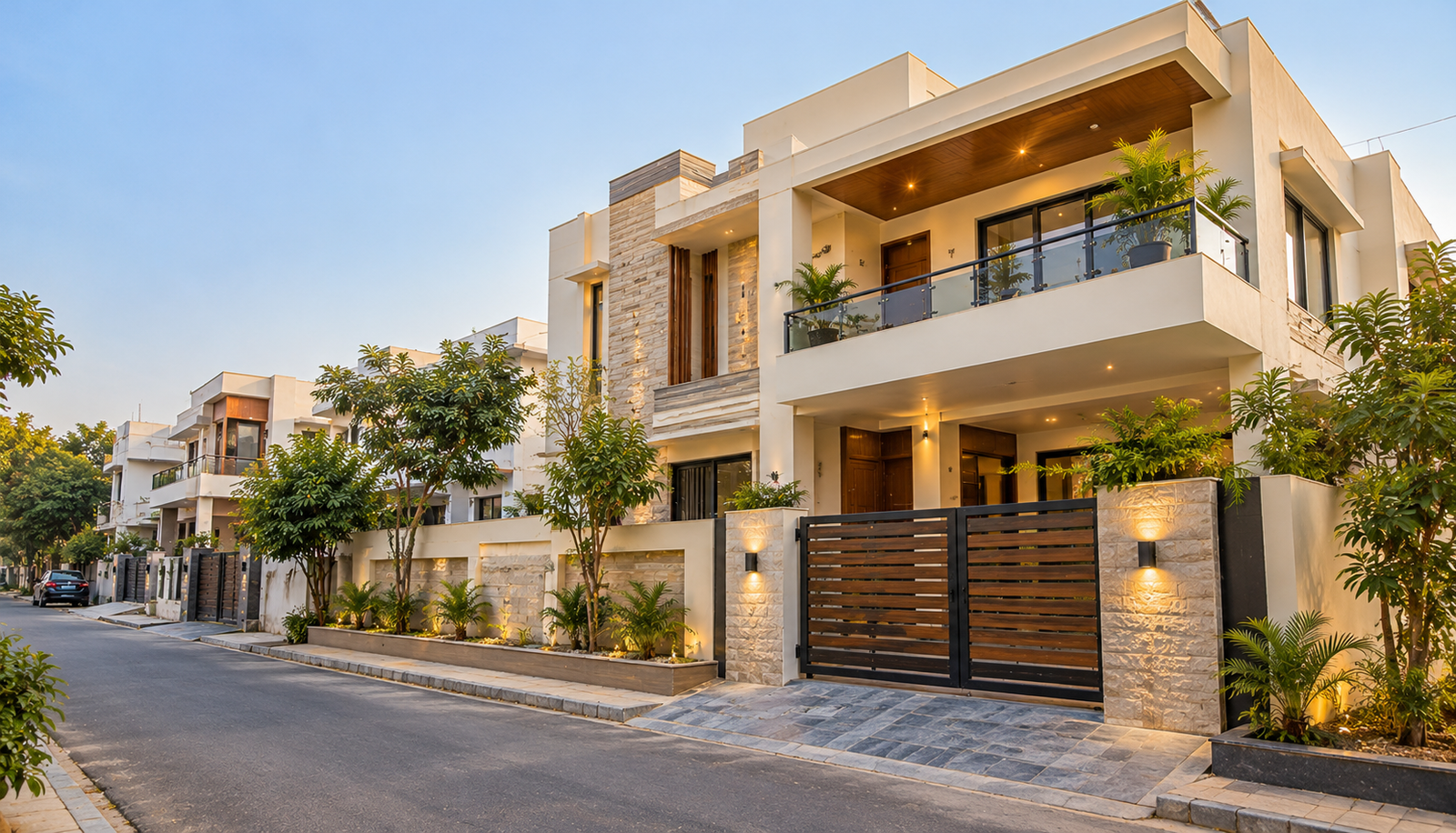 Contemporary Indian home with landscaped entrance and warm architectural lighting