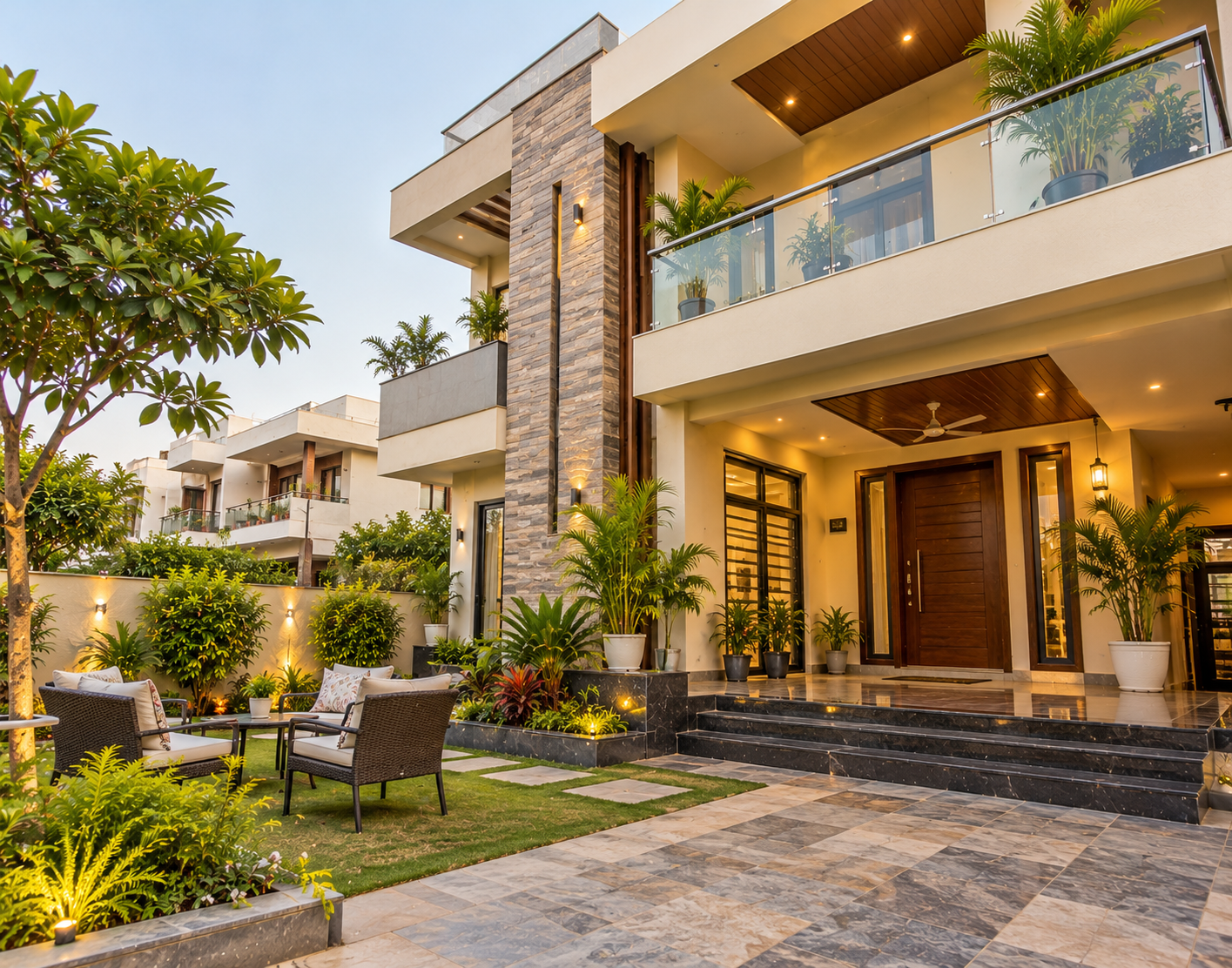 Contemporary Indian home with a landscaped outdoor living area